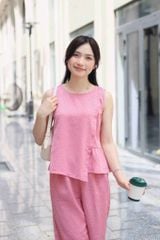 Đồ bộ dài không tay thiết kế vạt xéo hoa nguyệt quế hồng