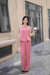 Đồ bộ dài không tay thiết kế vạt xéo hoa nguyệt quế hồng