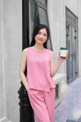 Đồ bộ dài không tay thiết kế vạt xéo hoa nguyệt quế hồng