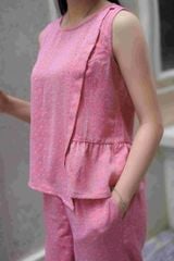 Đồ bộ dài không tay thiết kế vạt xéo hoa nguyệt quế hồng