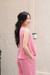 Đồ bộ dài không tay thiết kế vạt xéo hoa nguyệt quế hồng