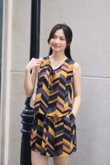 Đồ bộ đùi không tay nơ cổ đen vàng hoạ tiết Zigzag