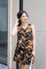 Đồ bộ đùi không tay nơ cổ đen vàng hoạ tiết Zigzag