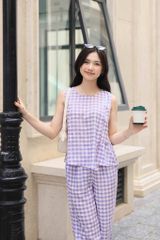 Đồ bộ dài không tay thiết kế vạt xéo caro tím