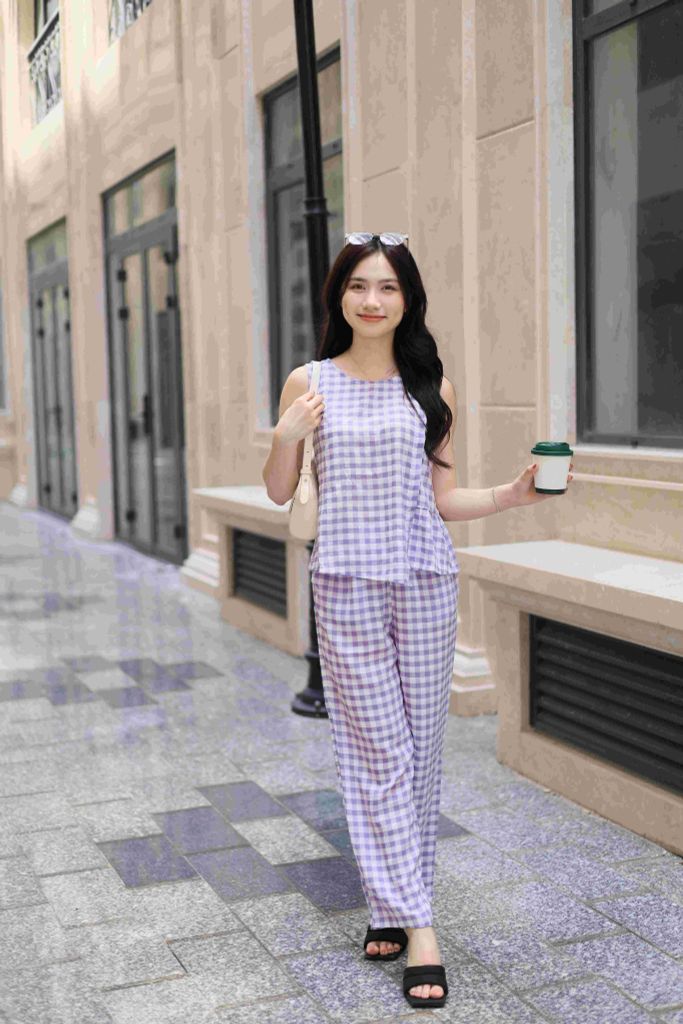 Đồ bộ dài không tay thiết kế vạt xéo caro tím