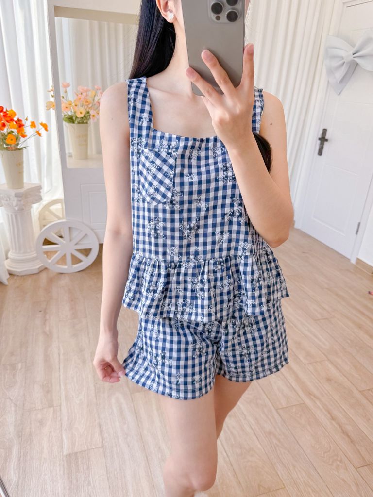 Đồ bộ đùi sọc caro họa tiết hoa bèo không tay_SA