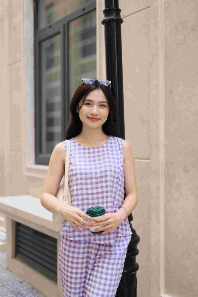 Đồ bộ dài không tay thiết kế vạt xéo caro tím