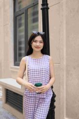 Đồ bộ dài không tay thiết kế vạt xéo caro tím