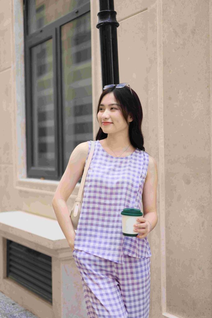Đồ bộ dài không tay thiết kế vạt xéo caro tím