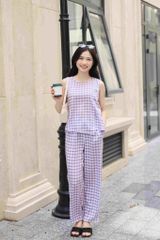 Đồ bộ dài không tay thiết kế vạt xéo caro tím