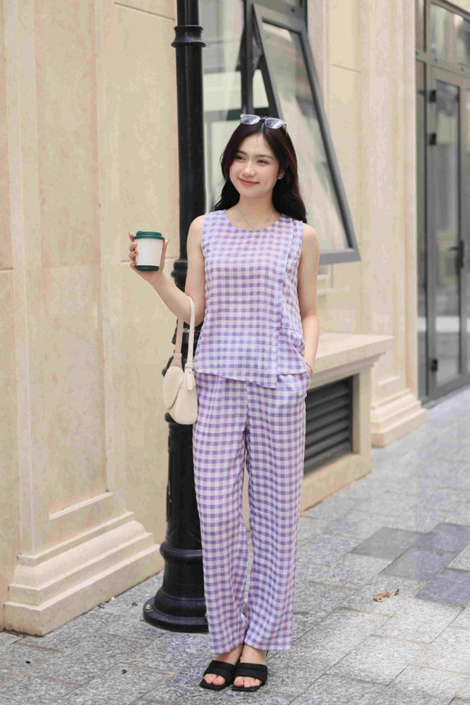 Đồ bộ dài không tay thiết kế vạt xéo caro tím