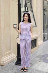 Đồ bộ dài không tay thiết kế vạt xéo caro tím