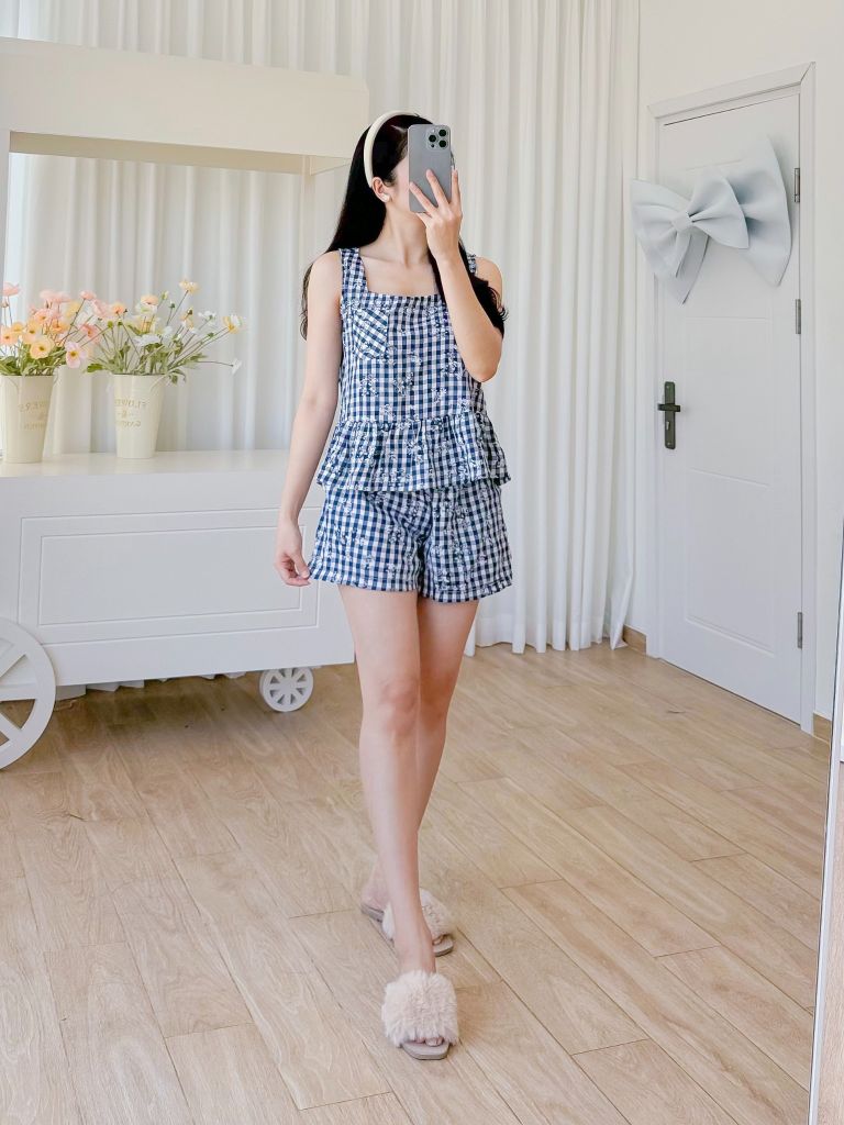 Đồ bộ đùi sọc caro họa tiết hoa bèo không tay_SA