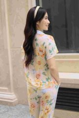 Đồ bộ dài có tay nền vàng hoa mẫu đơn