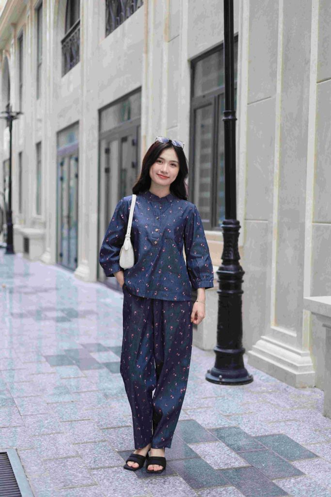 Đồ bộ dài cổ tàu hoa nhí hồng