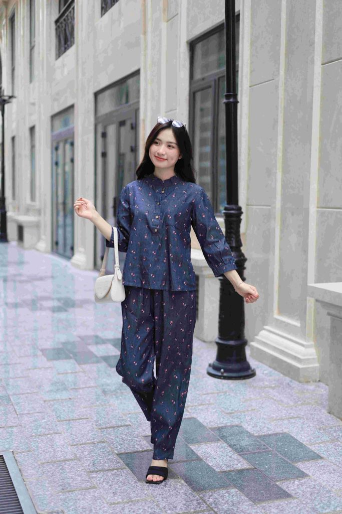 Đồ bộ dài cổ tàu hoa nhí hồng