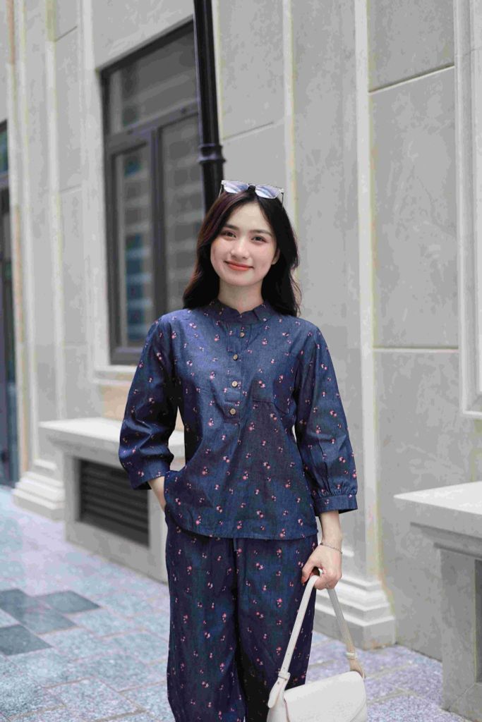 Đồ bộ dài cổ tàu hoa nhí hồng