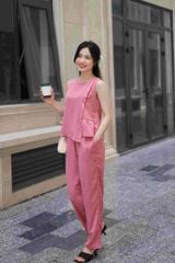 Đồ bộ dài không tay thiết kế vạt xéo hoa nguyệt quế hồng