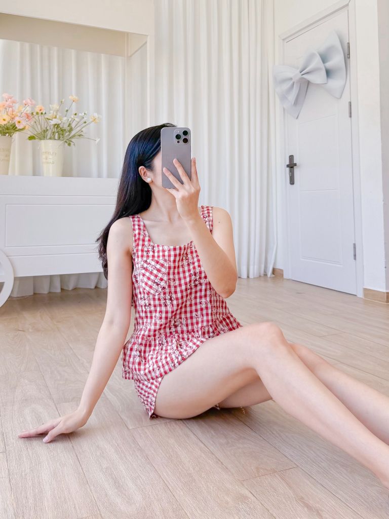 Đồ bộ đùi sọc caro họa tiết hoa bèo không tay_SA