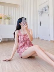 Đồ bộ đùi sọc caro họa tiết hoa bèo không tay_SA