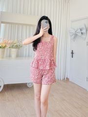 Đồ bộ đùi sọc caro họa tiết hoa bèo không tay_SA