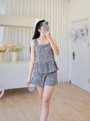 Đồ bộ đùi sọc caro họa tiết hoa bèo không tay_SA