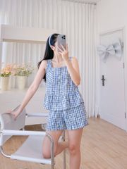 Đồ bộ đùi sọc caro họa tiết hoa bèo không tay_SA