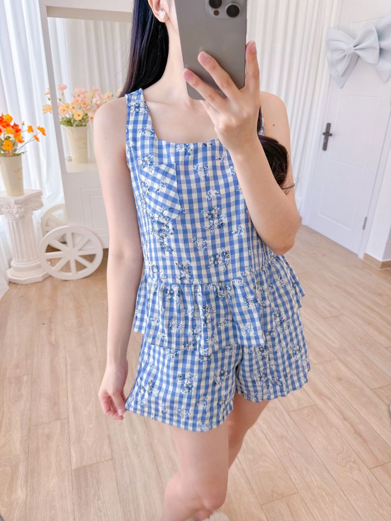 Đồ bộ đùi sọc caro họa tiết hoa bèo không tay_SA