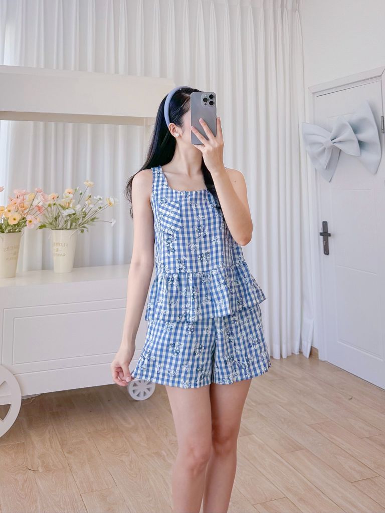 Đồ bộ đùi sọc caro họa tiết hoa bèo không tay_SA