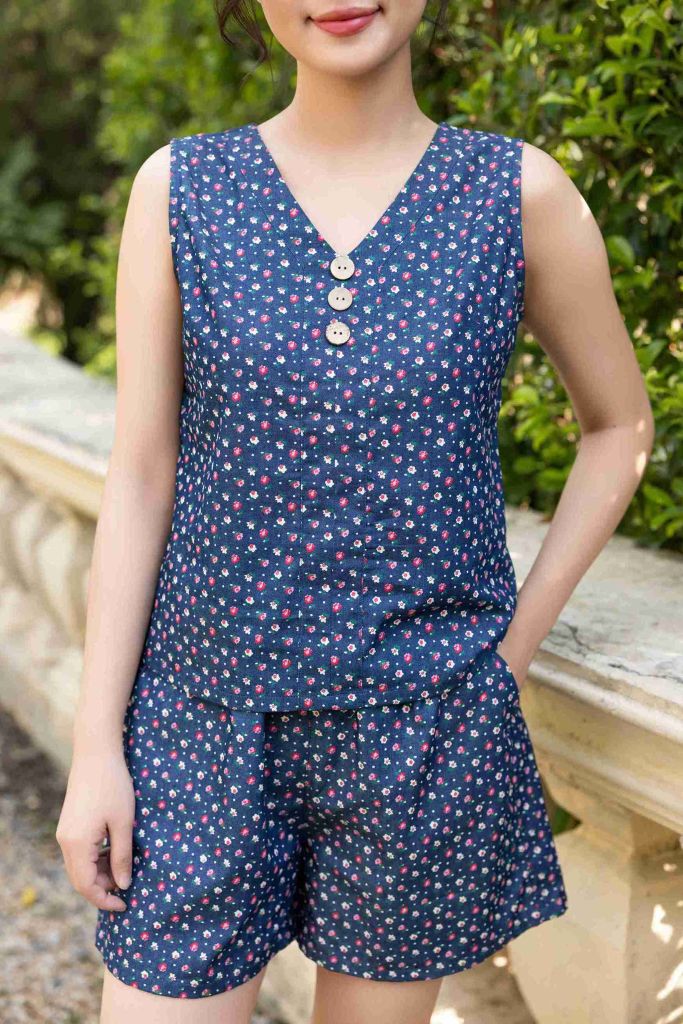 Đồ bộ đùi thiết kế 3 nút Hoa Hồng polkadot