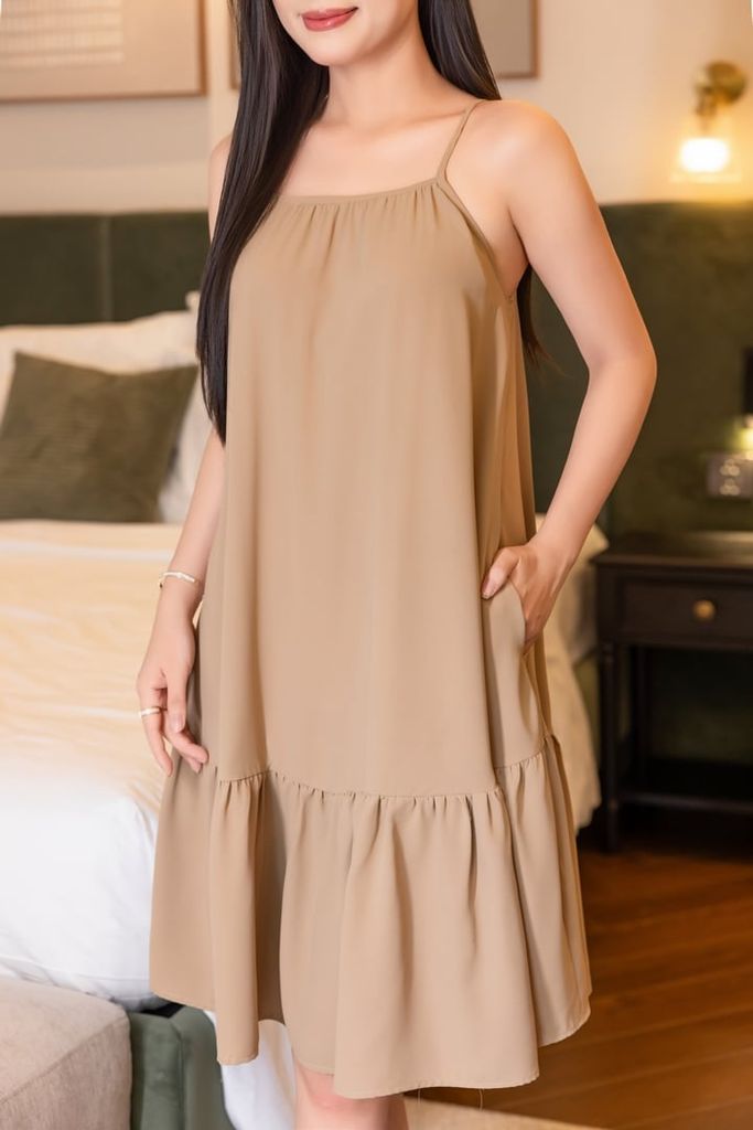 Đầm lụa 2 dây dáng suông màu nâu Tây