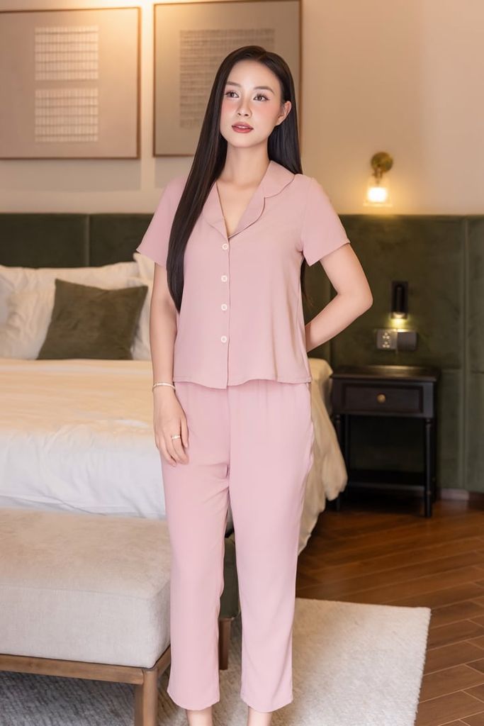 Đồ bộ dài có tay cổ swingtop màu hồng nhạt