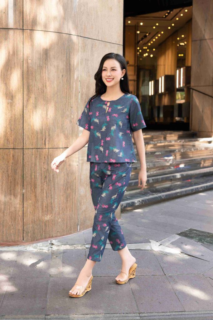 Đồ bộ dài có tay đan dây hoa cherry