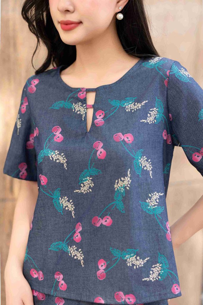 Đồ bộ dài có tay đan dây hoa cherry