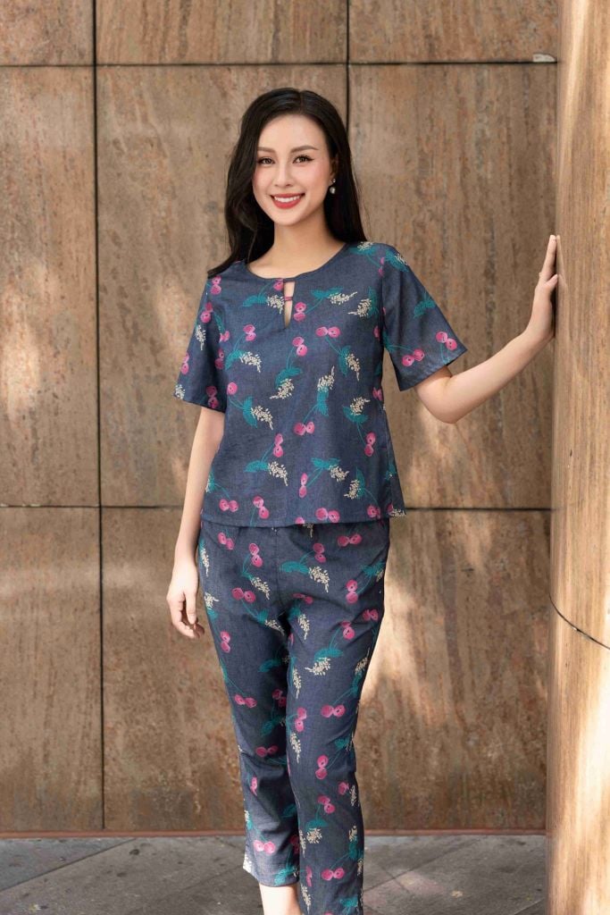 Đồ bộ dài có tay đan dây hoa cherry