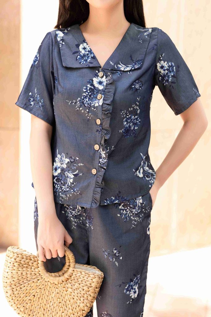 Đồ bộ dài có tay cổ vạn hoa hoạ tiết hoa ly