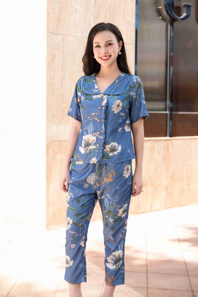 Đồ bộ dài có tay cổ vạn hoa hoạ tiết hoa lan