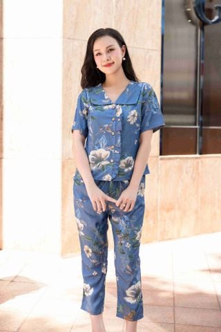 Đồ bộ dài có tay cổ vạn hoa hoạ tiết hoa lan