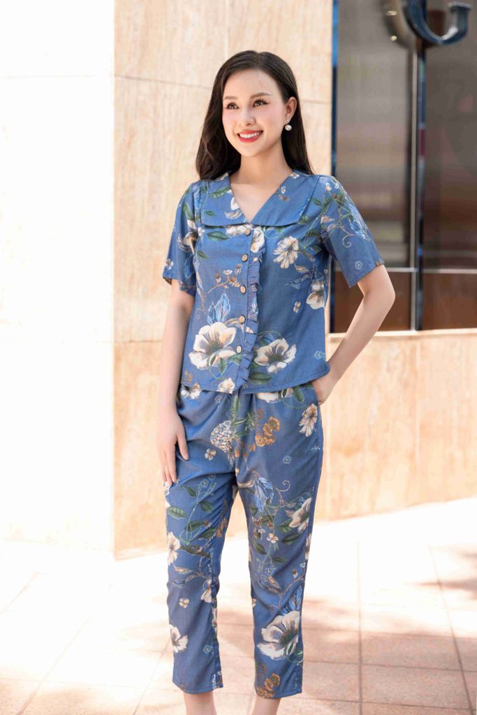 Đồ bộ dài có tay cổ vạn hoa hoạ tiết hoa lan