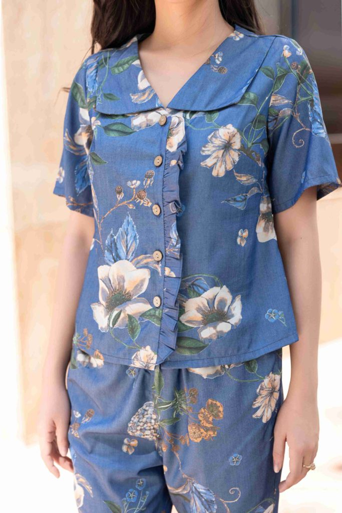 Đồ bộ dài có tay cổ vạn hoa hoạ tiết hoa lan