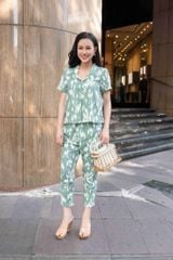 Đồ bộ dài có tay xanh lá pastel trắng