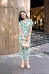 Đồ bộ dài có tay xanh lá pastel trắng