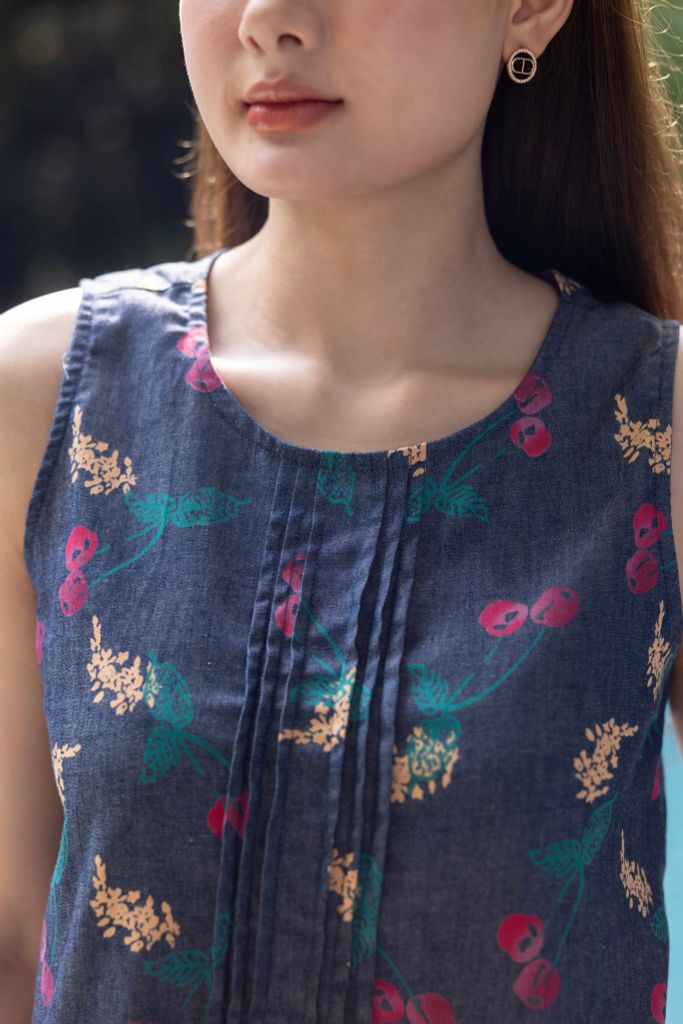 Đồ bộ lửng không tay xếp ly hoa cherry