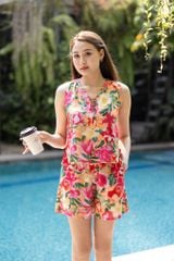 Đồ bộ đùi không tay nơ cổ hoa linen cam