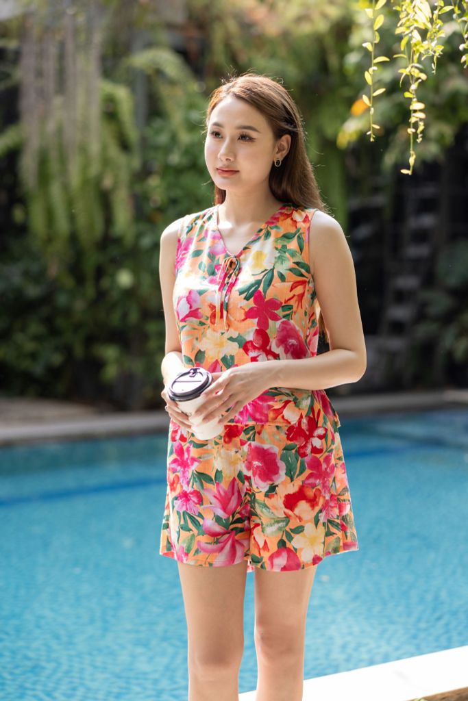 Đồ bộ đùi không tay nơ cổ hoa linen cam