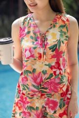 Đồ bộ đùi không tay nơ cổ hoa linen cam