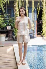 Đồ bộ đùi vạt chéo sau lưng linen sọc cam