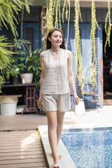 Đồ bộ đùi vạt chéo sau lưng linen sọc cam