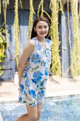 Đồ bộ đùi không tay nơ cổ hoa linen xanh