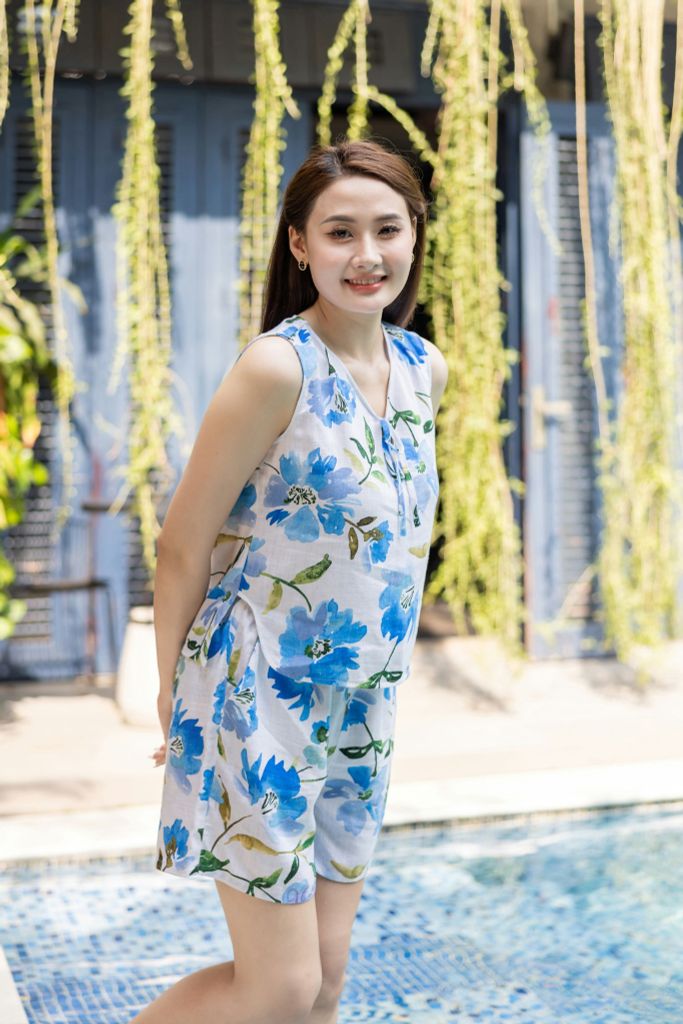 Đồ bộ đùi không tay nơ cổ hoa linen xanh